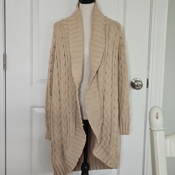 Haven Sweaters - Haven Well Within Women L BEIGE Chunky Cable‎ Knit Longline Open Front Cardigan